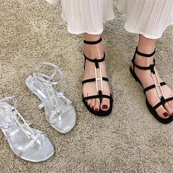 

sandals women's tide 2020 spring new korean version of the wild net red rhinestone flat bottom strap fairy wind roman shoes, Black