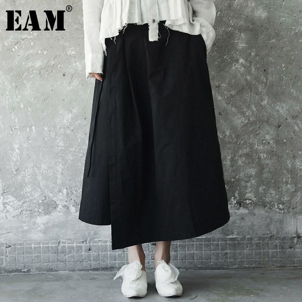 

eam] 2019 new spring solid color high waist black side bandage loose half-body skirt women fashion all-match je81101