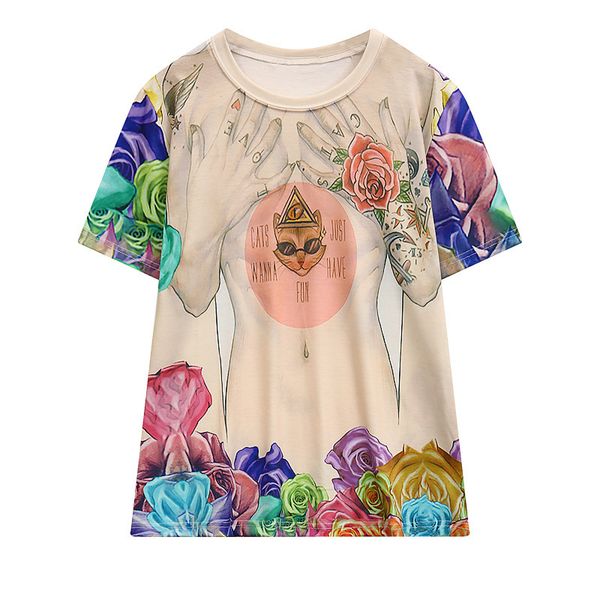 

summer new style harajuku wind women's cat digital printing loose-fit short-sleeved round collar t-shirt women's t3289, White
