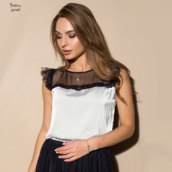 

women summer blouse casual patchwork and sleeveless solid o neck lace office lady elegant 2019 blouse new fashion, White