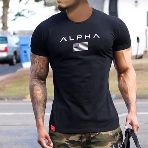 

men short sleeve cotton t-shirt casual black print t shirt gym fitness bodybuilding workout tees male summer brand clothing, White;black