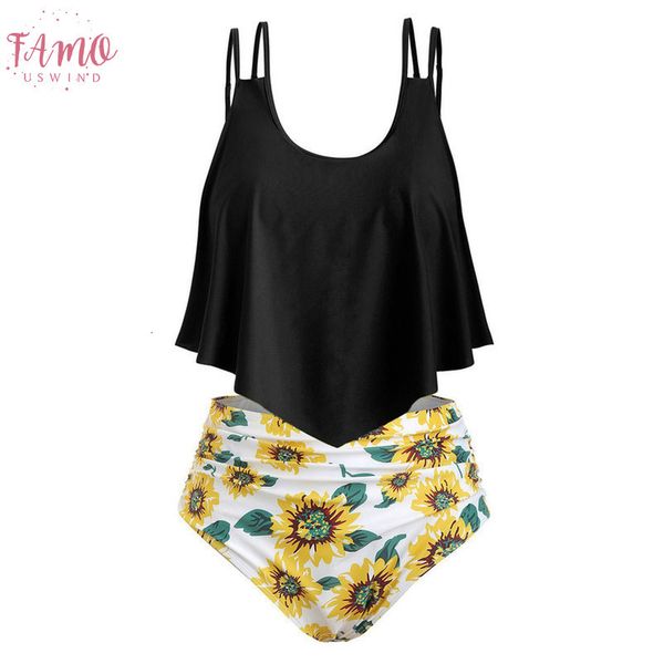 

2020 bikinis women swimwear high waist swimsuit sunflower print polyester bikini set bathing suits plus size swimwear 3xl t1g, White;black