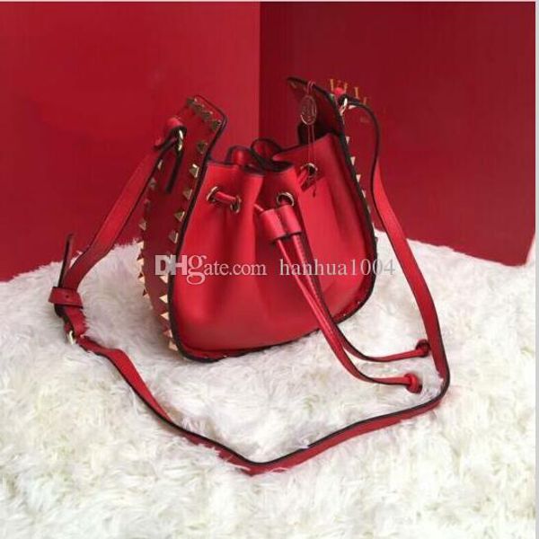 

2018 new style brand women genuine leather small bucket bag with gold rivet side bag shoulder bag