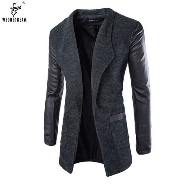 

weonedream new jacket wool leather spliced slim fashion mens long trench coat europe trenchcoat jacket male coat trench m-2xl, Black