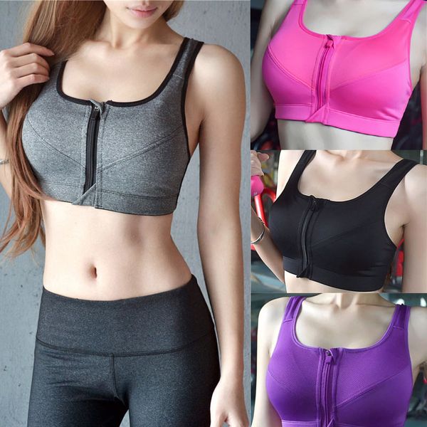 

2019 women running shockproof sports with front high adjustable zipper fitness strap impact wirepadded bra, White;black