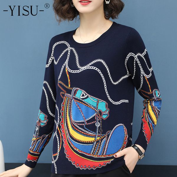 

yisu fashion printed sweater women jumper 2019 spring new long sleeve o-neck casual knitted pullover print elegant female, White;black