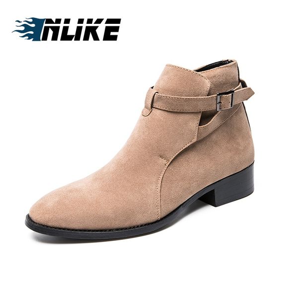 

inlike men fashion ankle boots suede work shoes leather british men boot casual lace up shoes mens boots, Black