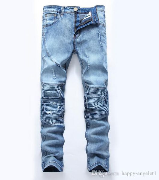 

2017 new style brand of jeans light blue slim fashion motorcycle hip-hop slacks