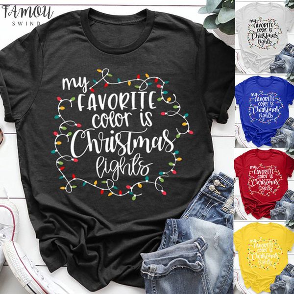 

flutter sleeve my favorite color is christmas lights t shirts letter printed tee shirts women short sleeve o neck plus size, White