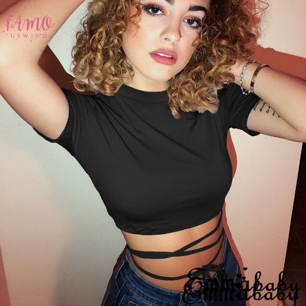 

2020 summer women black short t shirts crop short sleeve bandage tee female shirts, White