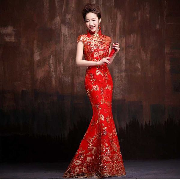 

ethnic clothing red chinese wedding qipao dress female xl long cheongsam slim traditional stage women party