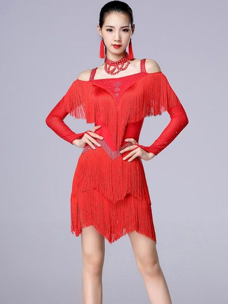 

black milk silk latin dance dresses for women club party dancer singer performance fringe dress ballroom dance competition dress, Black;red