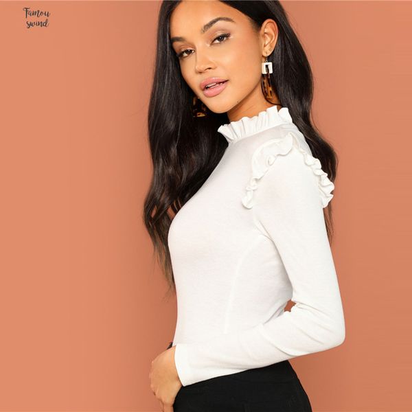 

modern lady white tshirt slim fit frill trim solid stand collar long sleeve pullovers tee campus autumn top
