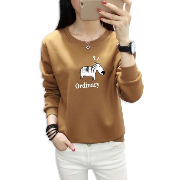 

casual sweatshirt women's round neck plus velvet hoodies women printing cartoon zebra sweet long-sleeved, Black