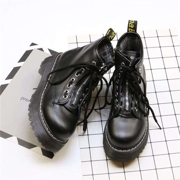 

thick bottom boots women zipper lace up black ankle boots female medium heel womans booties