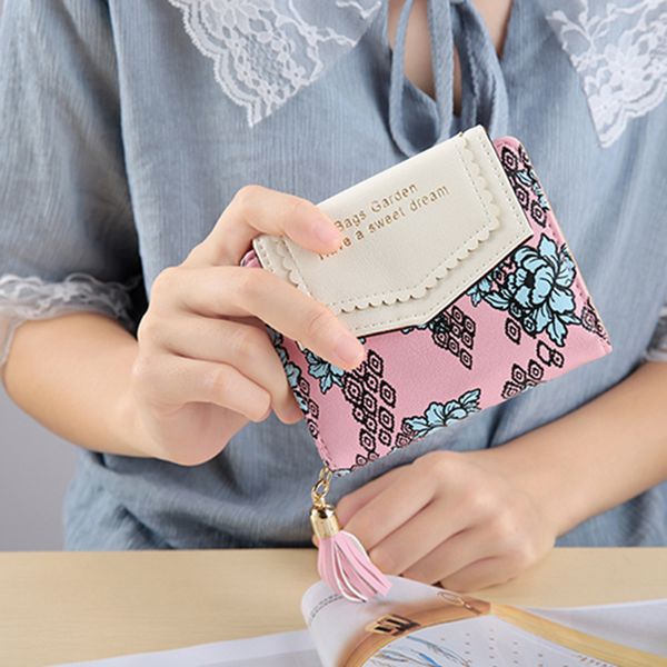 

2019 printed tassel wallet women cute wallet leather tassel women wallets zipper portefeuille female clutch short coin purse, Red;black