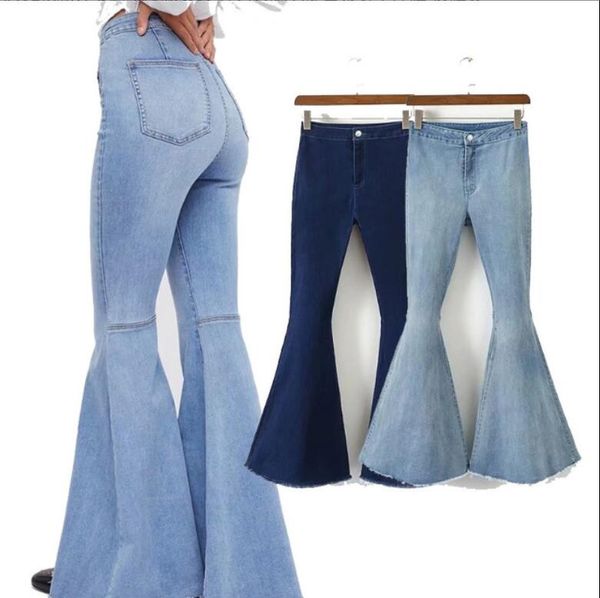 

women ripped flare jeans pants slim casual vintage wide leg flared jeans office lady bell bottoms denim pants, Blue
