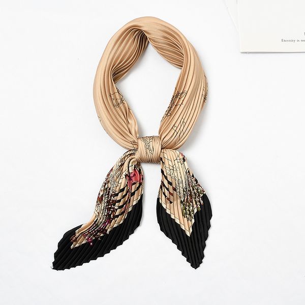 

women silk pleated scarf crinkle print foulard cavalry pattern neck bandana square headwear crumple neck wear [3957