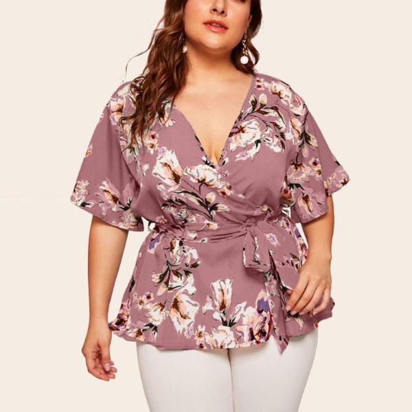 

20# summer women's plus size v neck floral print flare sleeve belted surplice peplum and blusas feminina, White