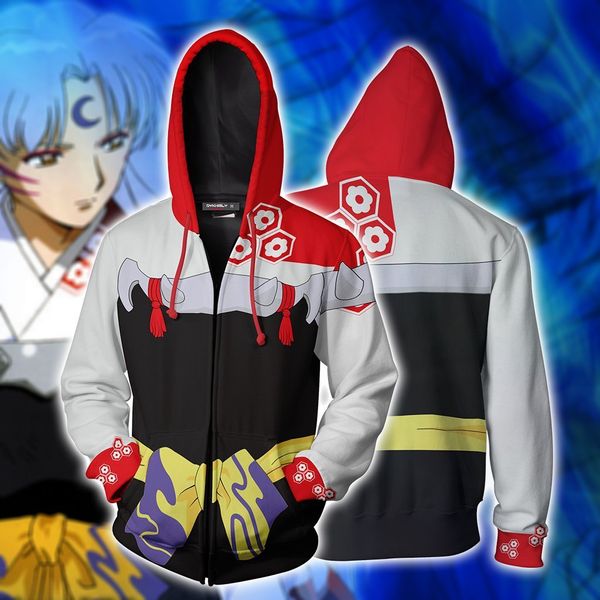 

anime inuyasha sesshomaru jacket hoodie 3d print with cap clothes cosplay coat zipper costume, Black