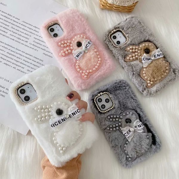 

cute 3d rabbit pearl fur plush phone case for iphone 11 pro max xs xr x 6 6s 7 8 plus back cover