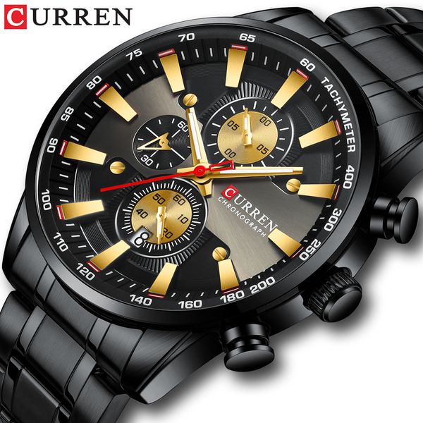 

curren black gold watch for men fashion quartz sports wristwatch chronograph clock date watches stainless steel male watch, Slivery;brown
