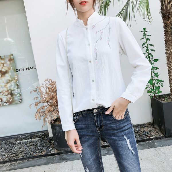 

s23743 stand collar shirt female long sleeve autumn new style loose-fit slimming single breasted base embroidered small flower w, White