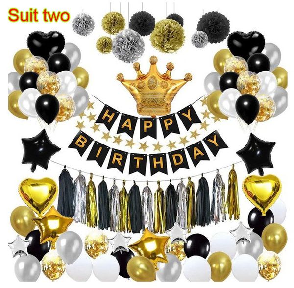 Palloncino in oro nero con bandiera di compleanno, layout di coda di pesce, nappa, fiore di carta, palla a cinque punte, palloncino a forma di stella, pacchetto decorazione bambino