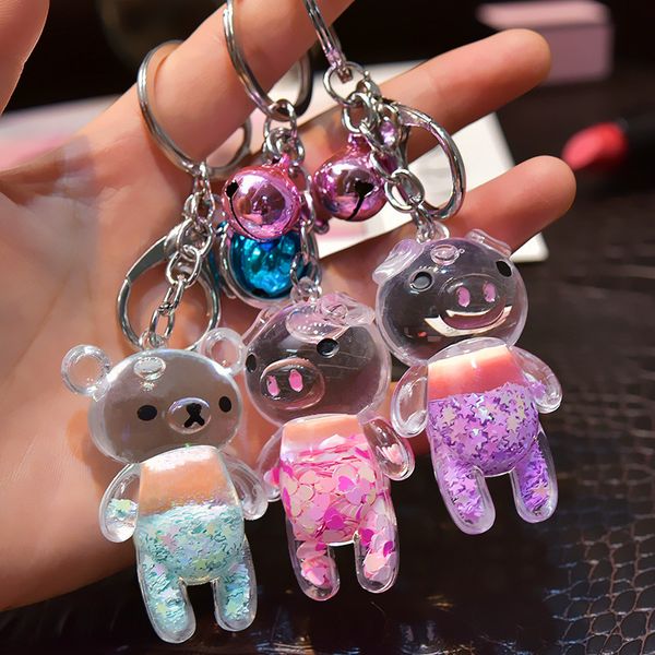 

cute acrylic bear keychain for women pendant quicksand heart sequins keychain pu string lover car girl gift, Silver