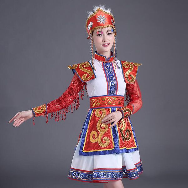 Neue chinesische weibliche mongolische Tanz kurze ethnische Minderheit Bühnenperformance mongolische Kopfbedeckung + Robe gute Qualität Kleid angepasst