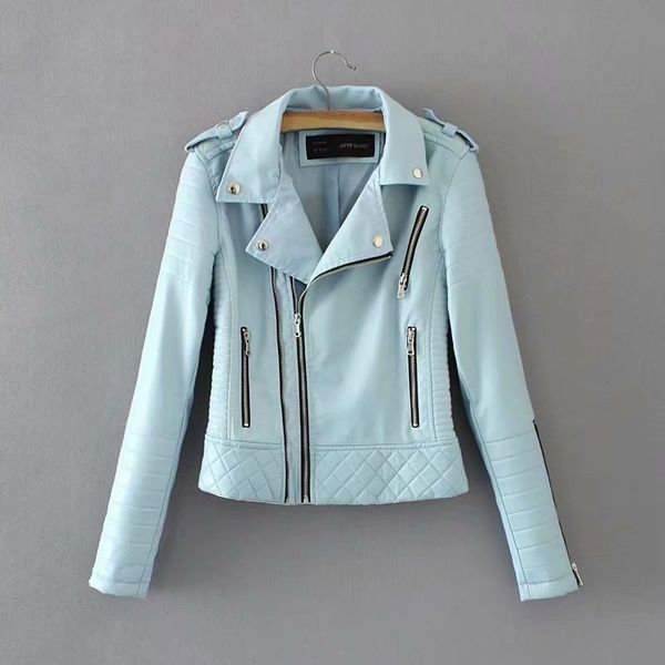

2019 new spring autumn slim short leather jacket ladies turn down collar zipper plaid pu coats women blue pink biker moto coat, Black