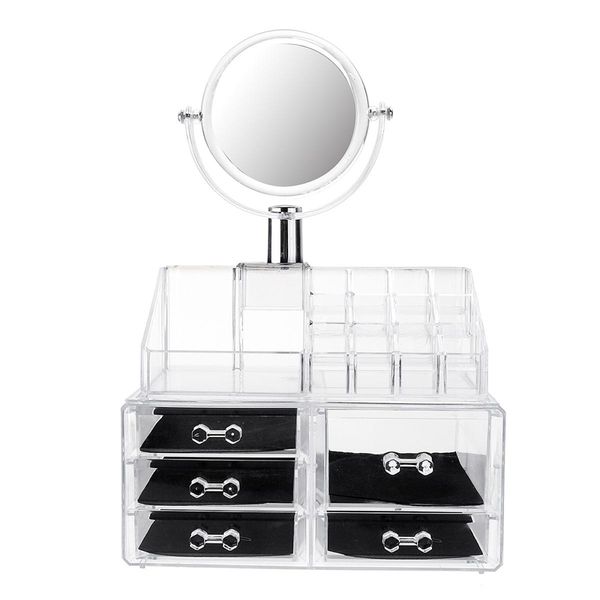 

large mirror clear cosmetic organizer box makeup storage drawer desk bathroom makeup brush lipstick holder, Pink;blue