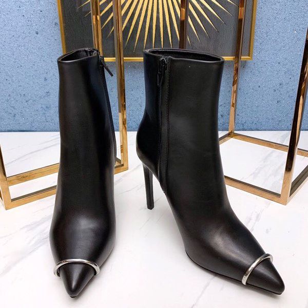 

designer fall/winter women's shoes 2019 new pointed steel ring thin heel bare boots short boots imported calf leather suede lining wome, Black