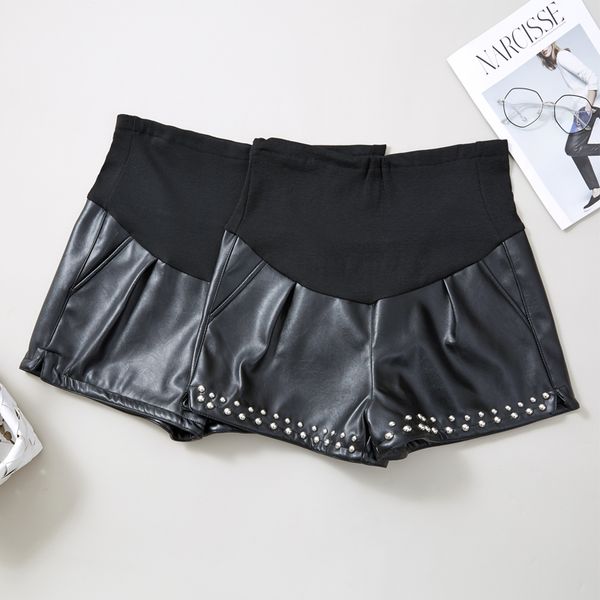 

2019 new arrival pregnant women plus velvet thickening nail beaded belly shorts black elegant high waist rivet pu leather shorts