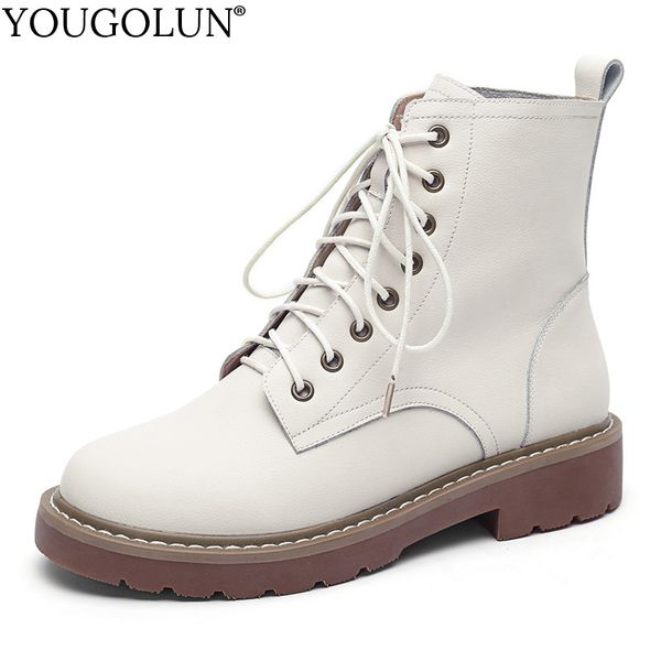 

genuine leather boots women 2020 autumn winter woman low heels shoes a299 fashion ladies lace up beige black ankle boots