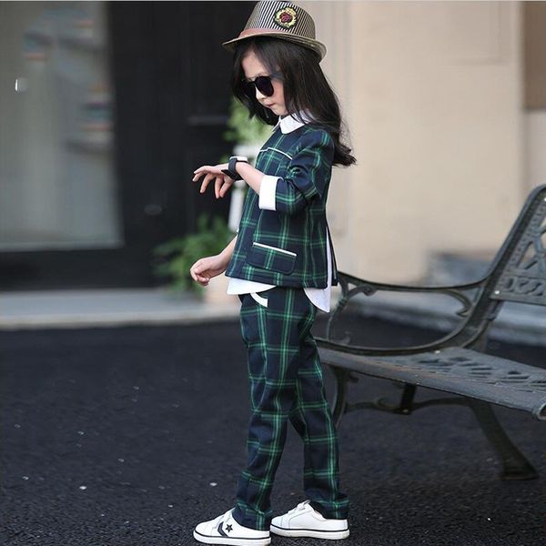 

5 6 7 8 9 10 11 12 years autumn girls clothes sets back to school uniform costume 2018 plaid blouses + pants clothing sets y190522, White
