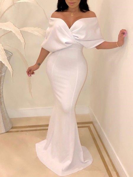 Vestidos 2020 Árabe Dubai Branco fora do ombro Mermaid Vestidos Cabo manga Ruched até o chão formal da ocasião Prom Party