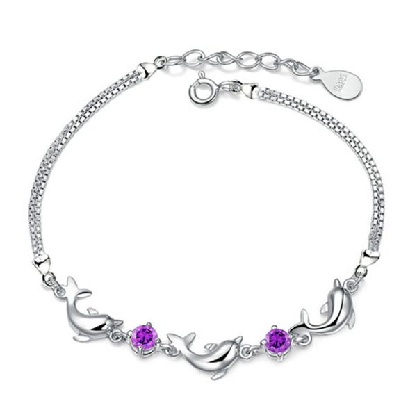 

925 silver bracelet baby dolphin purple crystal silver bracelet fashion jewelry for women gift, Black