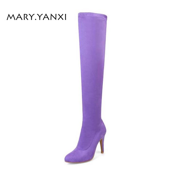 

winter women shoes long boots over-the-knee boots flock slip-on fahsion pointed toe high square heel plus size solid short plush, Black