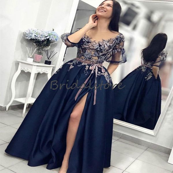 

new navy blue see through prom dresses with short sleeves sheer neck applique lace formal evening gowns satin slits pageant gown 2020, Black
