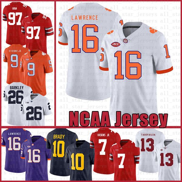 

clemson tigers football jersey 16 trevor lawrence 9 travis etienne jr. sports wears purple tom brady saquon barkley, Black