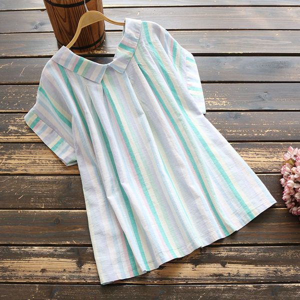 

6558 new summer women blouse mori girl stripe turndown collar short sleeve loose casual cotton and linen shirt, White