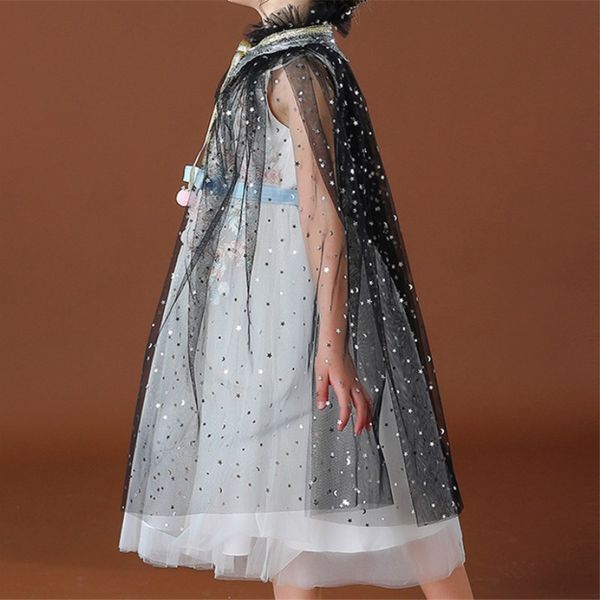 

summer girls dress blazers children's shawl beach wear princess jacket cloak baby chiffon tulle sequin coat boutique black cape, Blue;gray