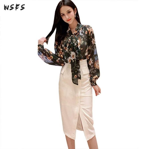 

summer 2 pieces sets black floral chiffon lantern sleeve blouse white midi wrap skirts party office ladies women dress