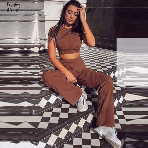 

2 two piece set женщины ребристые o шеи crop top длинные брюки установить sexy tracksuit осень с коротким рукавом conjunto feminino, White