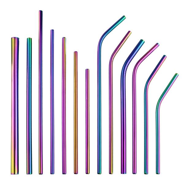 

2-pcs colorful rainbow straw set 304 stainless steel drinking straw 16/19/21/23/26cm 12mm reusable bent metal drink brush