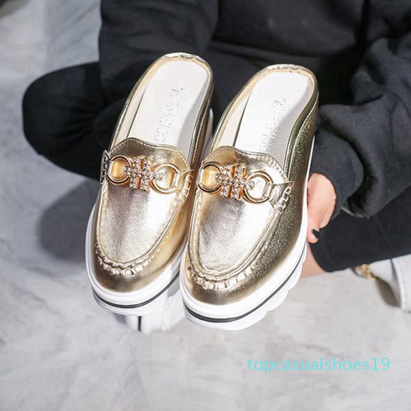 

anovishana 2019 woman mules shoe wedges heel sandals rhinestone chains buckle summer shigh platform slippers slides gold silver t19, Black