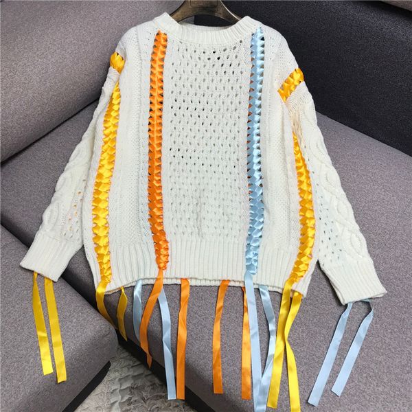 

2019 autumn and winter new sweater women's hand-woven ribbons hollow round neck french tassel sweater, White;black