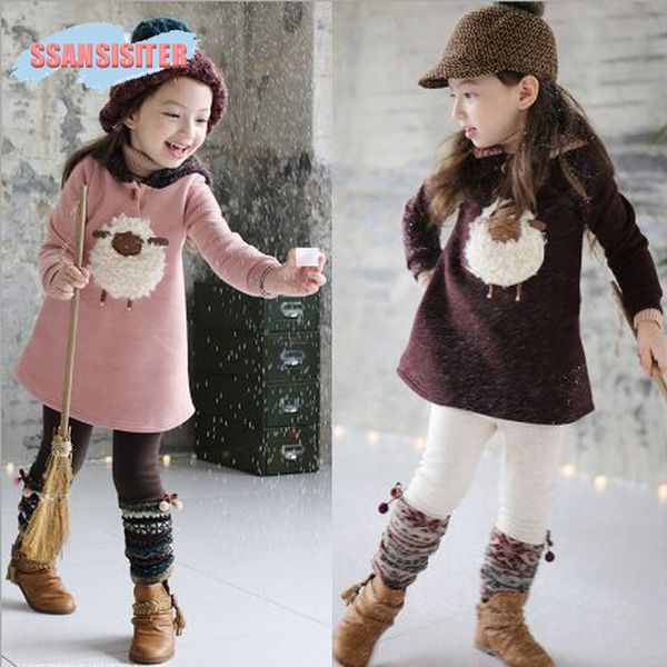 

thicken winter baby dresses cute sheep embroidery toddler kids girls clothes cartoon princess sweatshirt dress clothes outfits, Red;yellow