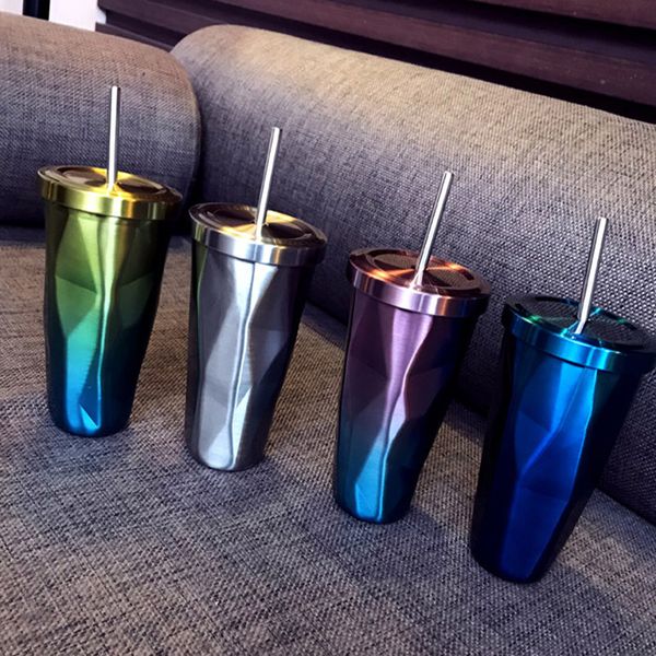 

fashion vacuum cup 304 stainless steel mugs with straw vehicle-mounted water bottle coffee mug 4 colors